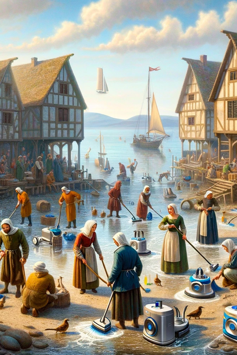 Medieval village in a harbor, with inhabitants using advanced eco-cleaning tools, showcasing a blend of historical charm and modern sustainability.
